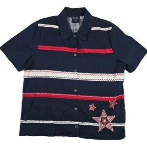 Sportelle Vintage‎ Women's Size Large Navy Blue Striped Flag Button Up Shirt